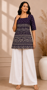 Premium Trendy Printed Navy Blue Back Neck Tie Short Tops