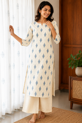 Sneyura Cream Blue Printed Kurthi for Women