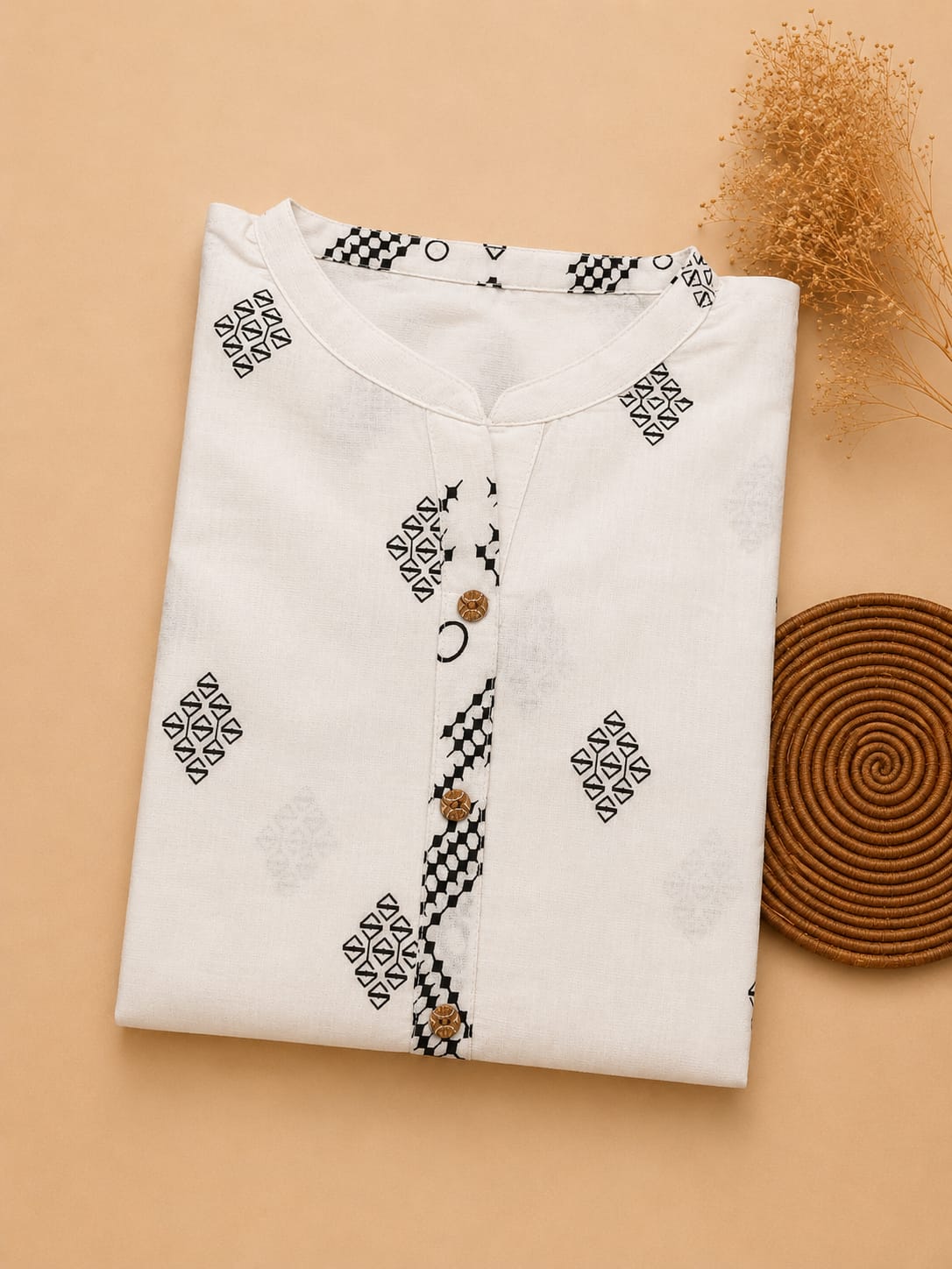 Premium White Geometric Printed Cotton Kurti for Women