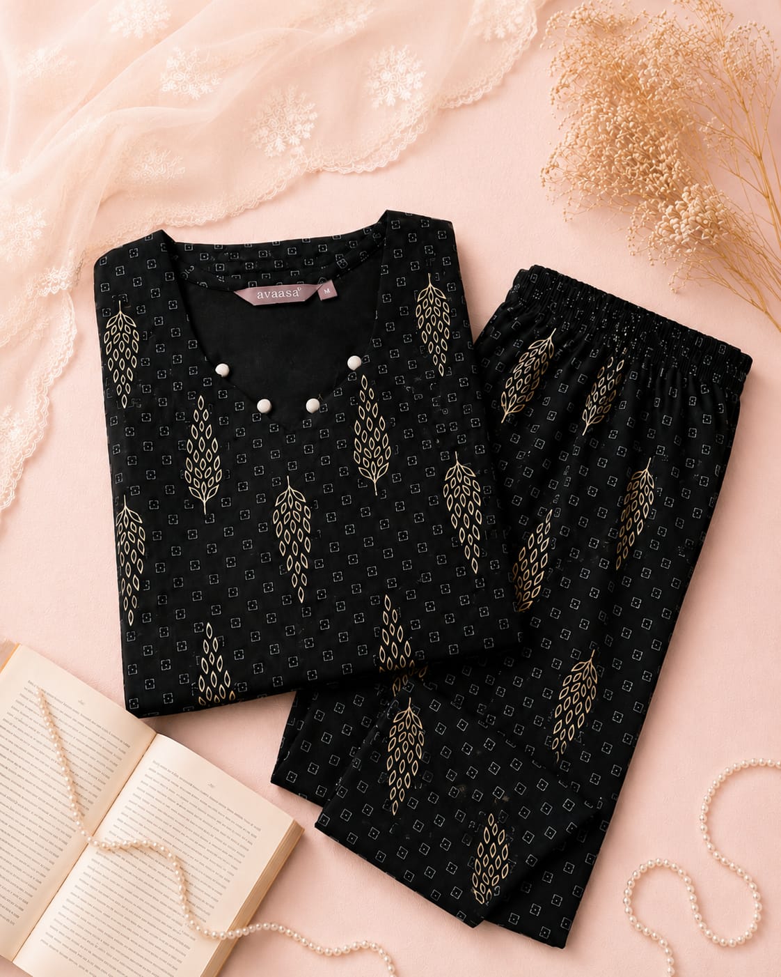 Premium Black Printed Cotton Kurti Pant Set for Women