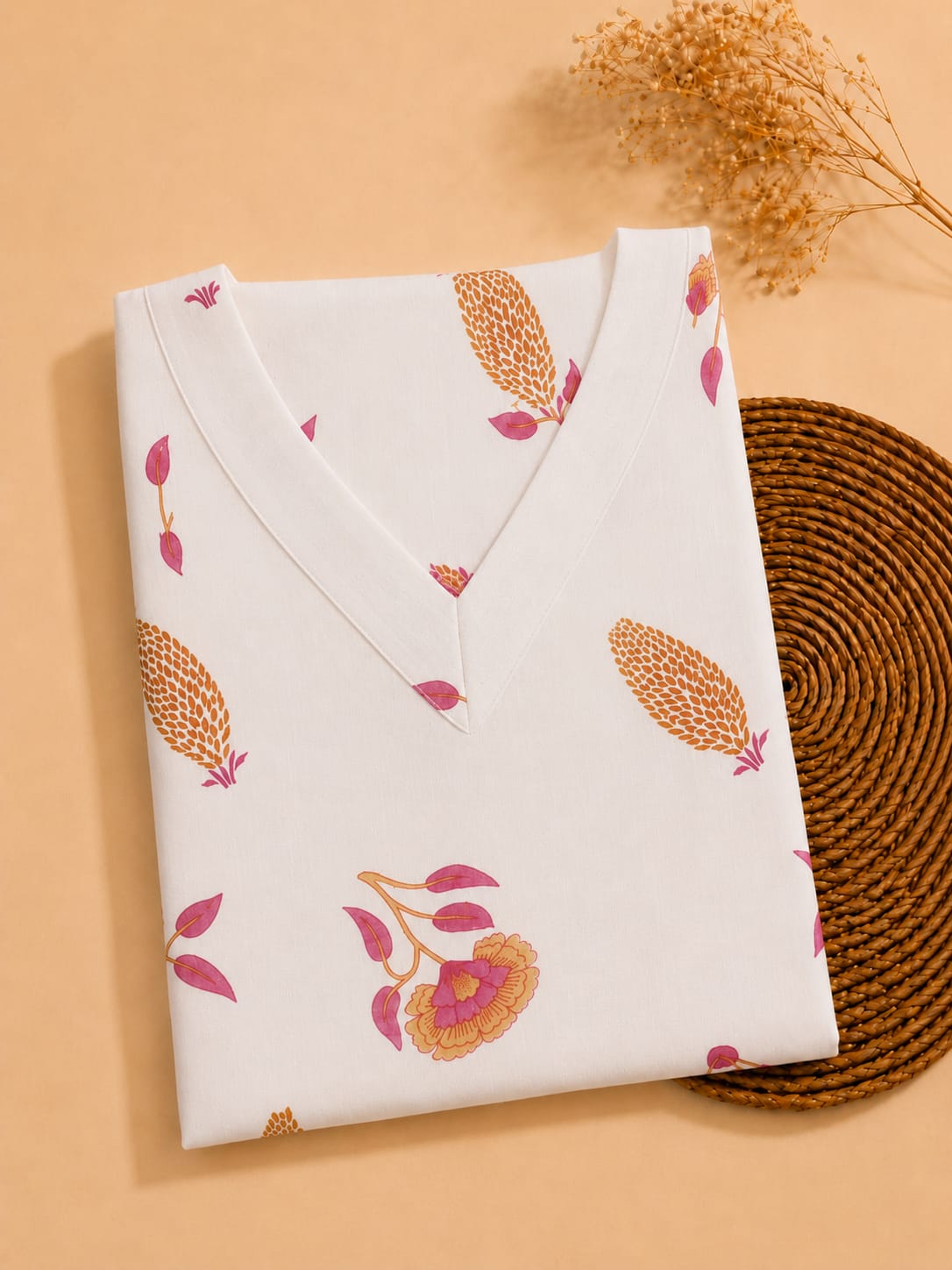 Premium White Floral Printed Cotton Kurti for Women