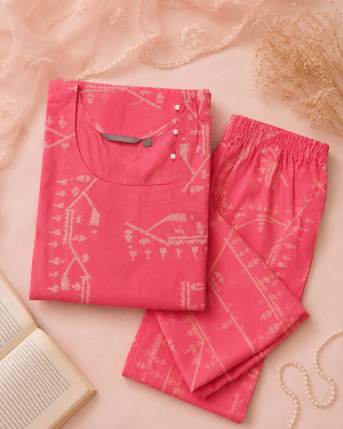 Premium Pink Printed Cotton Kurti Pant Set for Women