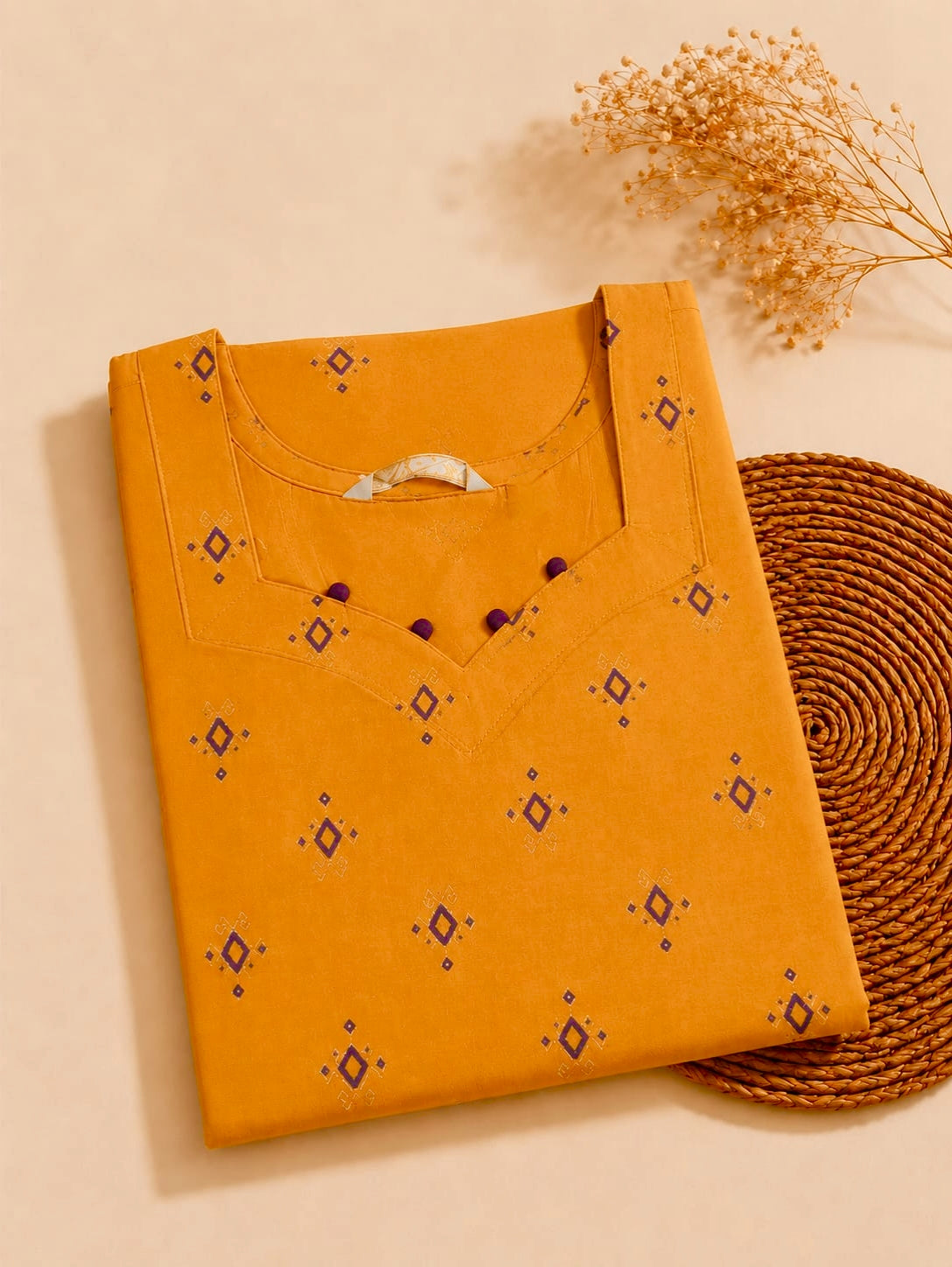 Premium Mustard Yellow Printed Cotton Kurti for Women