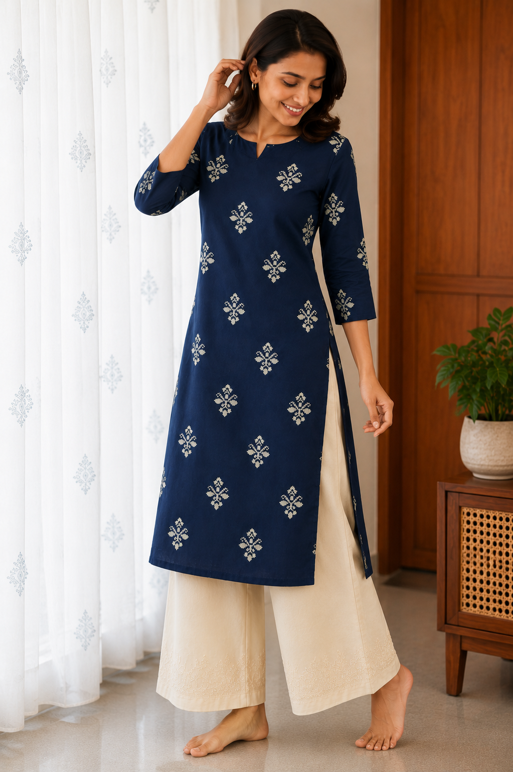 Sneyura Navy Blue Printed Kurthi for Women