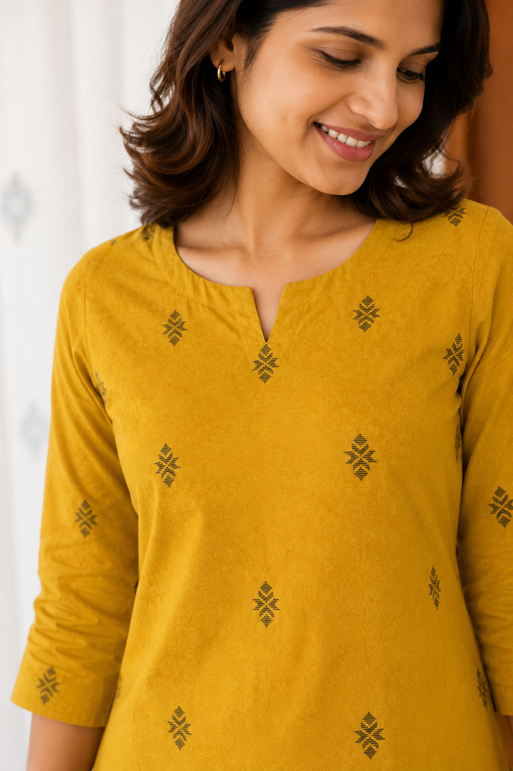 Sneyura Mustard Printed Kurthi for Women