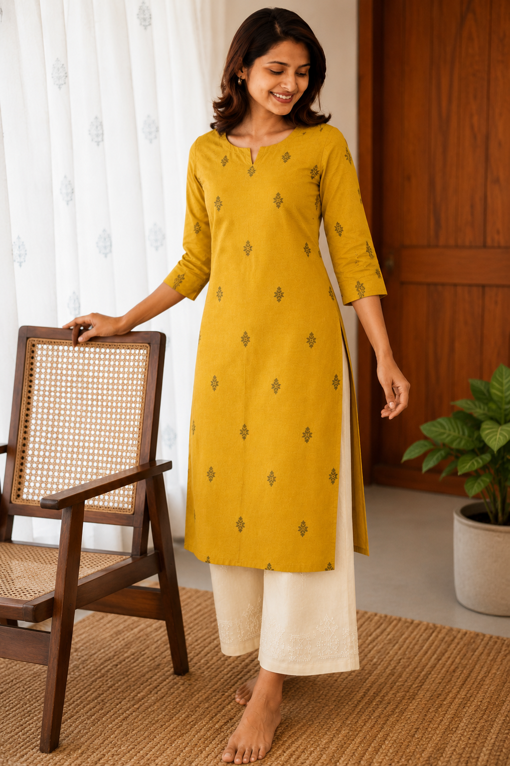 Sneyura Mustard Printed Kurthi for Women