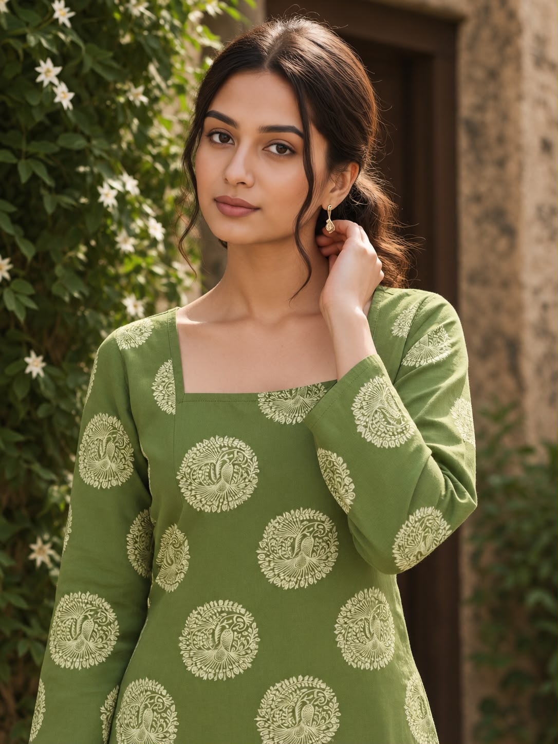 Premium Trendy Design Green Floral Printed Back Dori Kurti Top