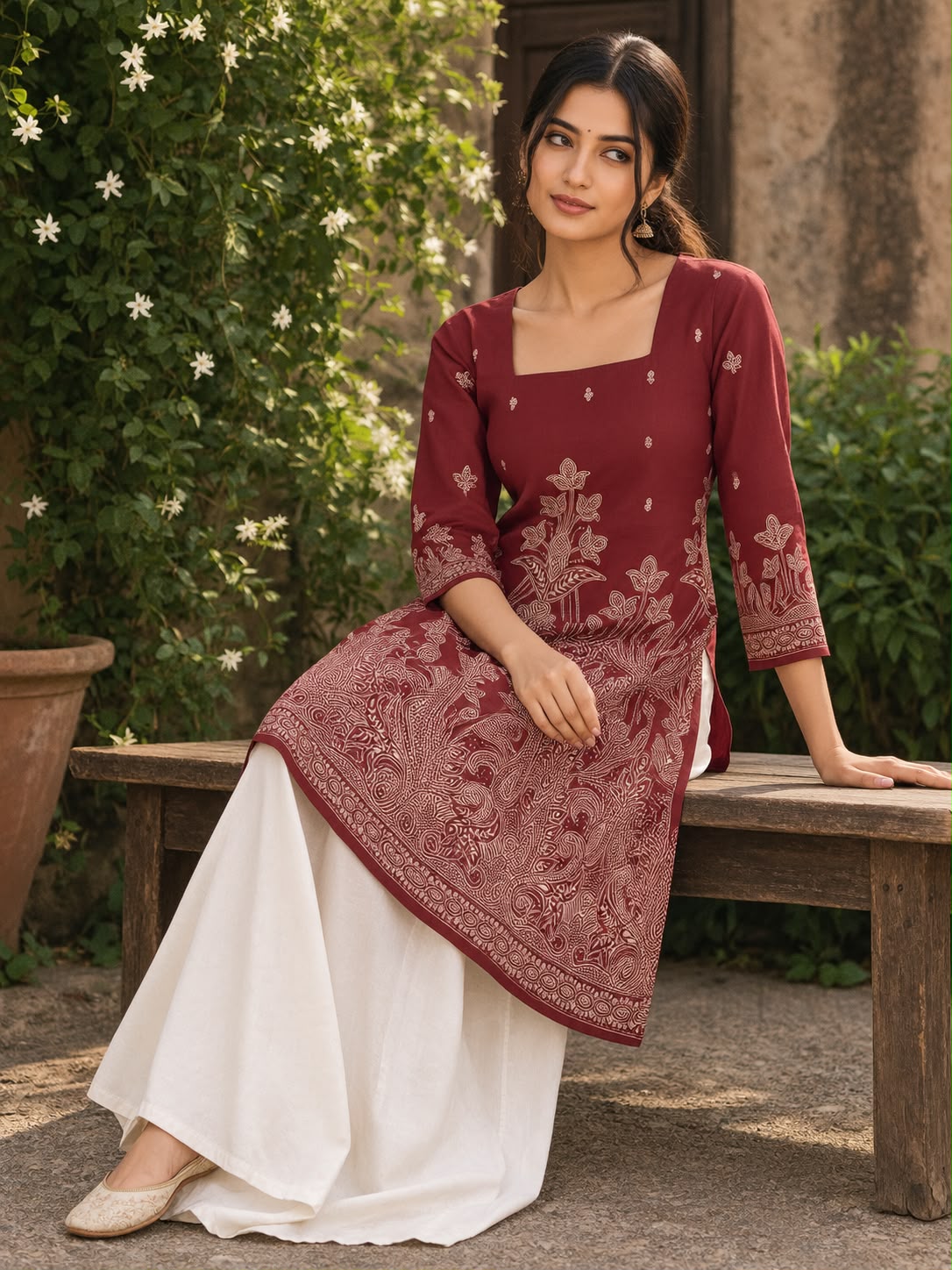 Premium Trendy Maroon Floral Printed Back Dori Kurti Top