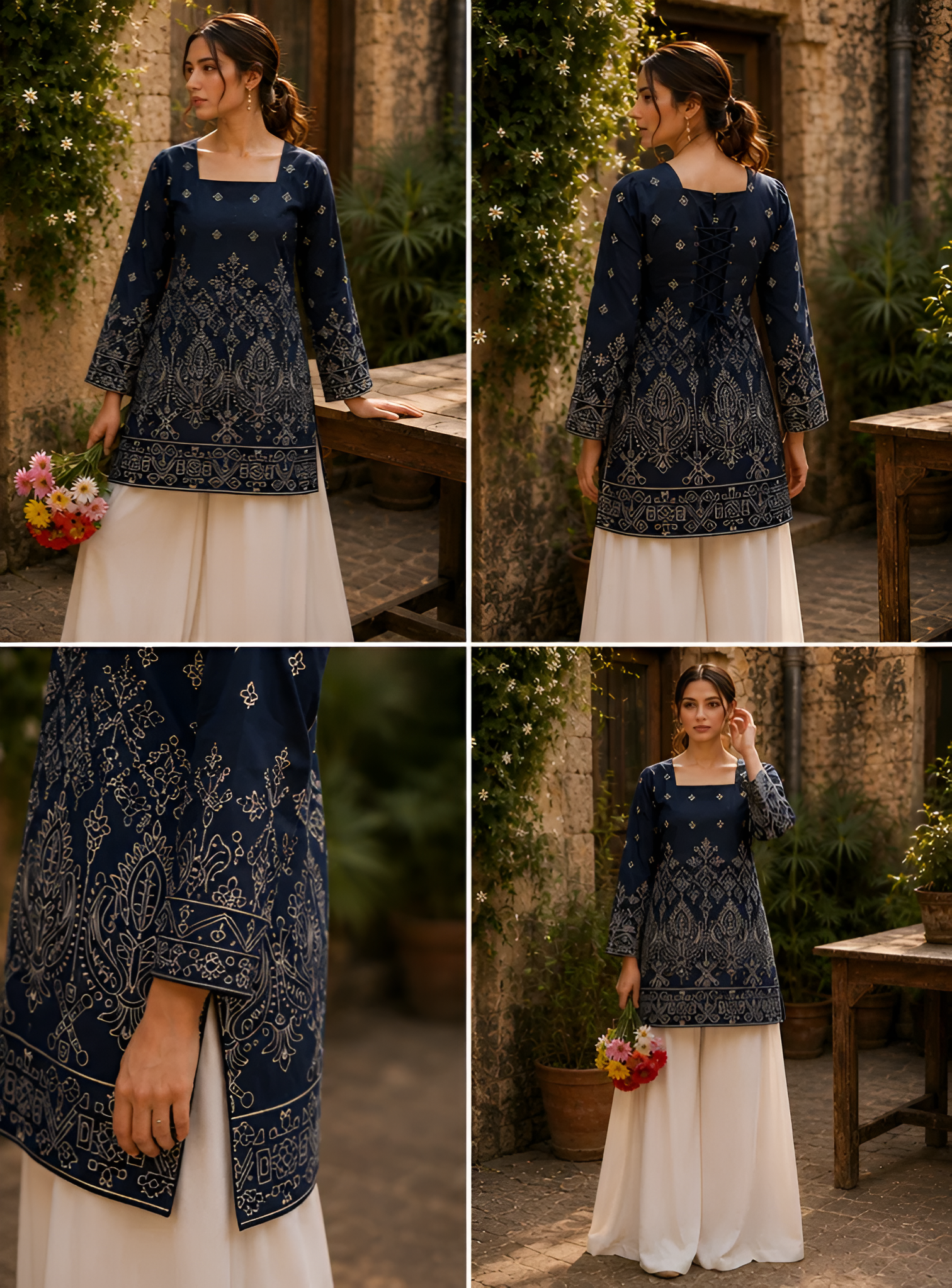 Premium Trendy Navy Floral Printed Back Dori Kurti Top