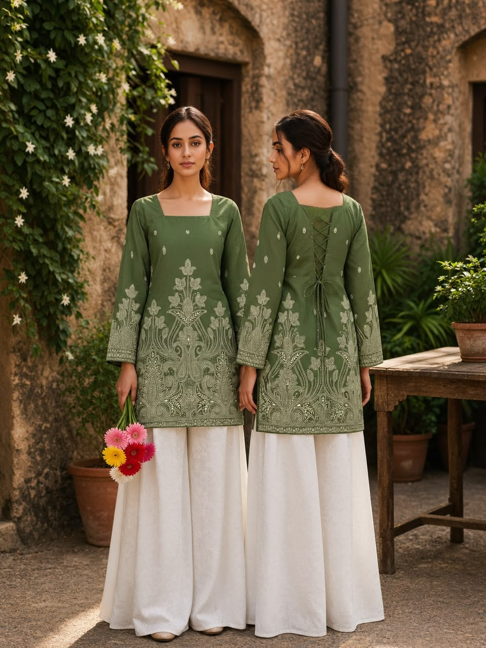 Premium Trendy Light Green Floral Printed Back Dori Kurti Top