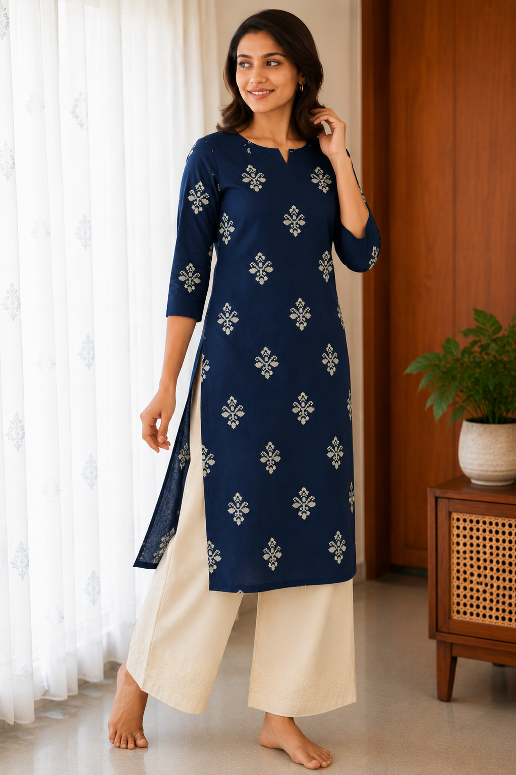 Sneyura Navy Blue Printed Kurthi for Women