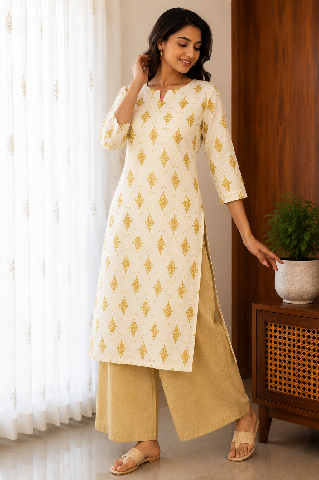 Sneyura White Gold Printed Kurthi for Women
