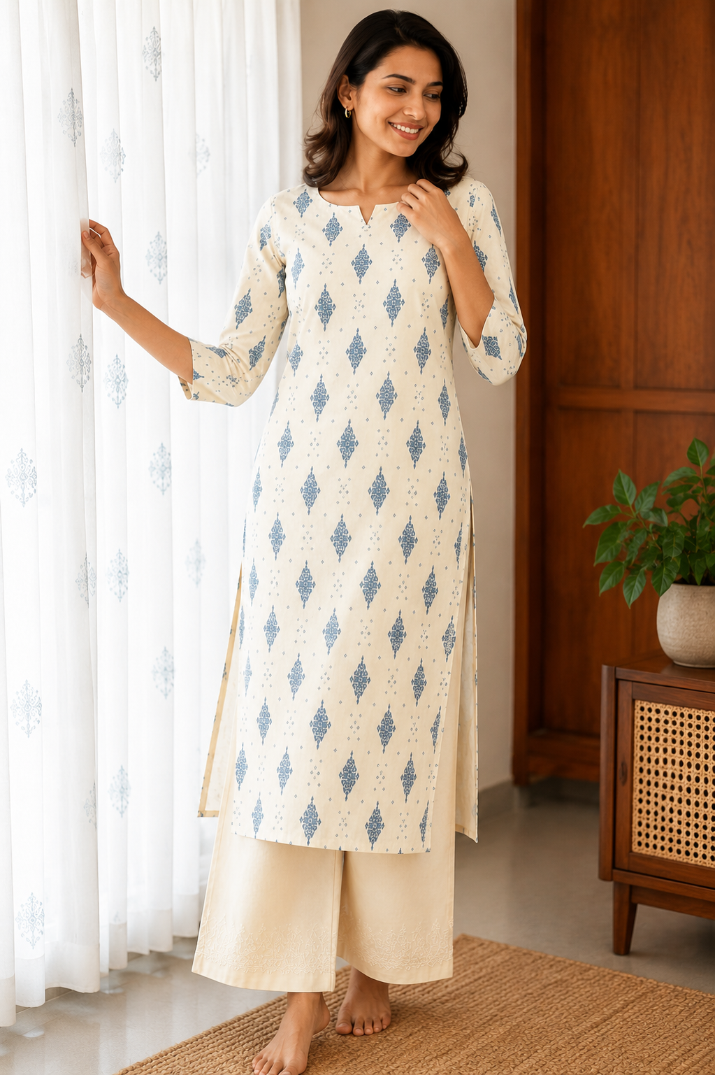 Sneyura Cream Blue Printed Kurthi for Women