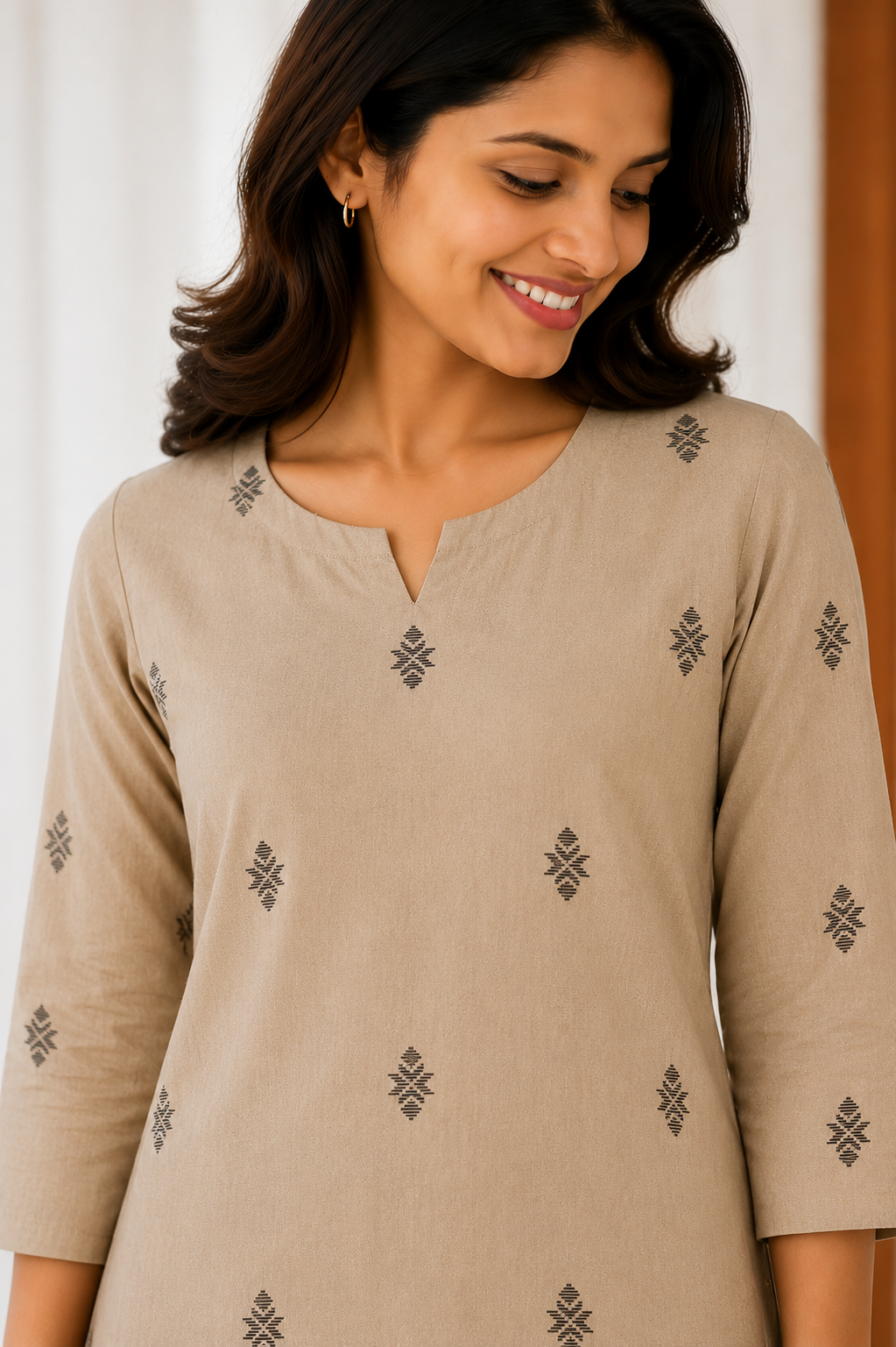Sneyura Premium Cream Printed Kurthi for Women