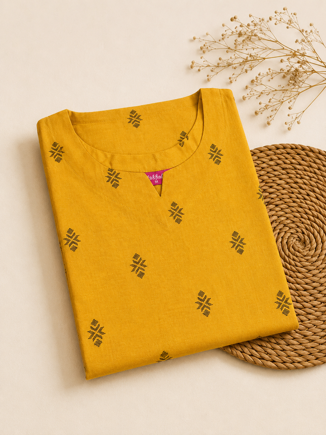 Sneyura Mustard Printed Kurthi for Women