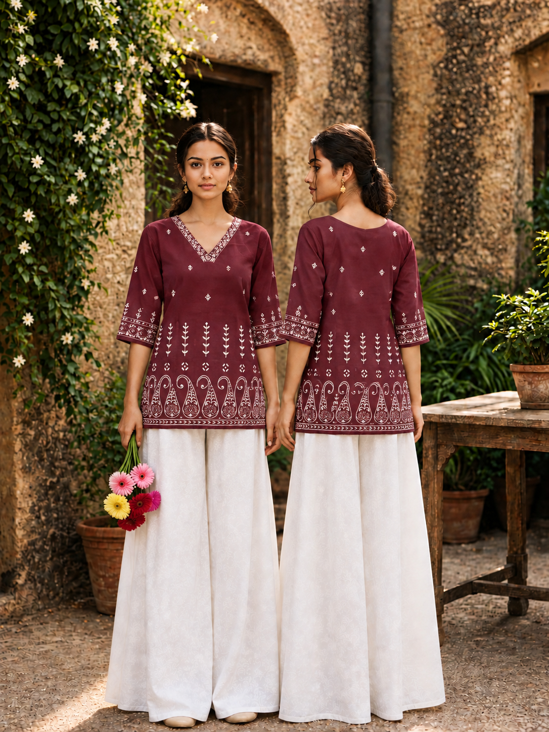 Premium Maroon Hand Block Printed Short Top for Women