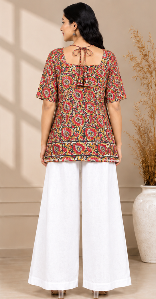 Premium Trendy Printed Multi Red Tie-Up Neck Short Top for Women