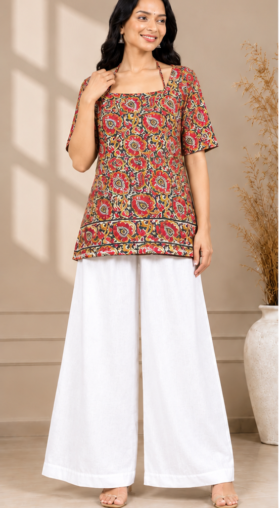 Premium Trendy Printed Multi Red Tie-Up Neck Short Top for Women